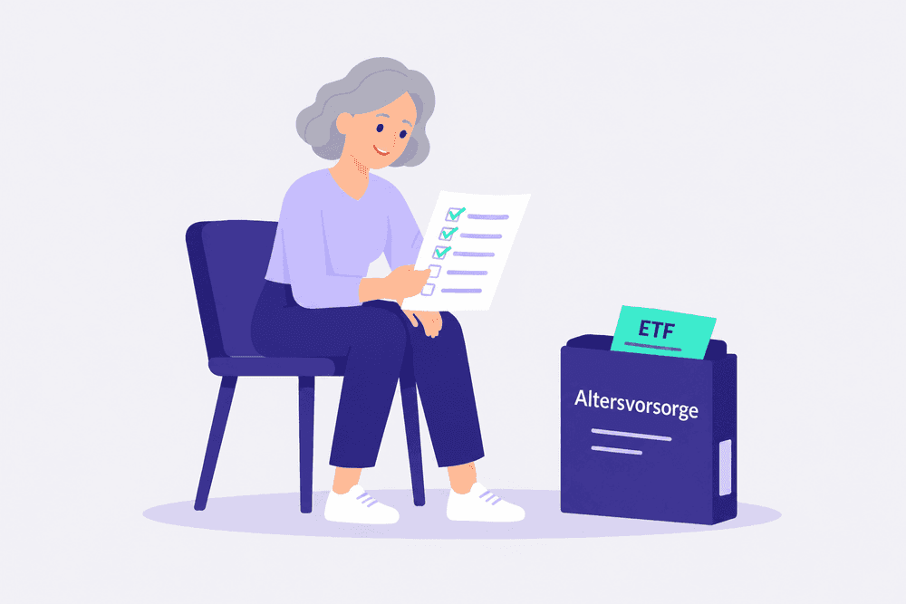 Eine lächelnde Frau prüft ihre teilweise abgehakte Checkliste zur Altersvorsorge. Der ETF-Ordner verdeutlicht, dass sich auch mit 50 noch eine finanzielle Vorsorge aufbauen und die Rentenlücke verkleinern lässt.