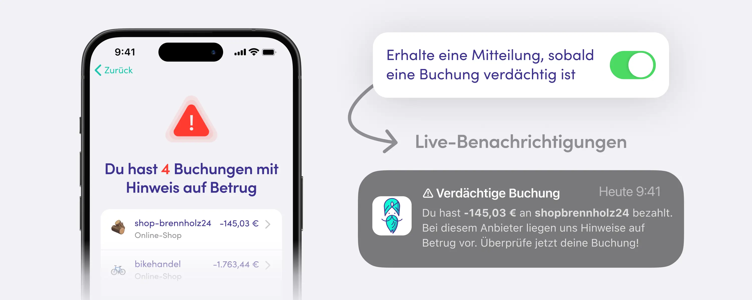 Smartphone-Benachrichtigung über verdächtige Buchungen: Echtzeit-Warnung und Hinweise auf potenziellen Betrug bei Online-Käufen, um sich vor Fake Shops zu schützen.