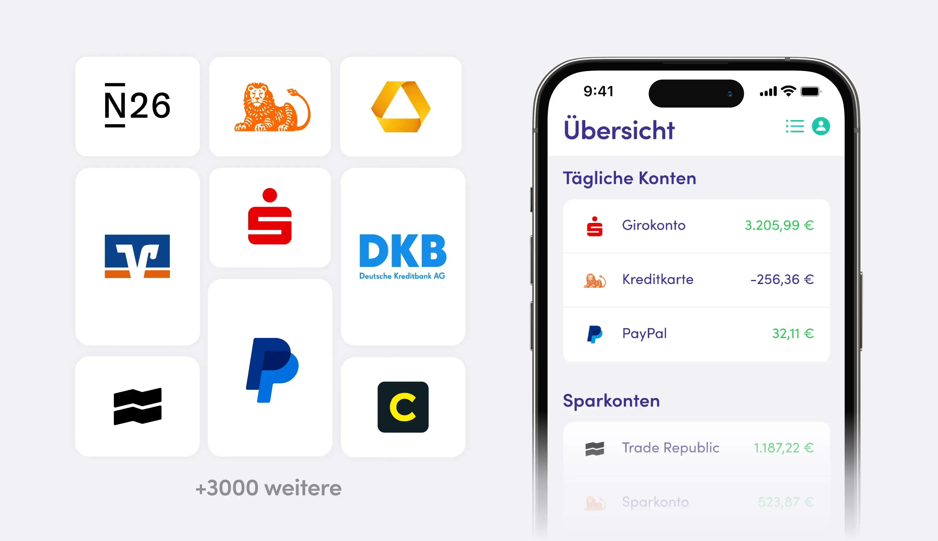 Eine Smartphone-App zeigt eine Übersicht verschiedener Konten, darunter Girokonto, Kreditkarte und PayPal, mit den jeweiligen Kontoständen. Links sind Logos verschiedener Banken und Finanzdienste wie N26, ING, Commerzbank, Sparkasse, DKB, Volksbank und PayPal zu sehen, die in die App integriert werden können. Das Bild symbolisiert die zentrale Verwaltung von Finanzen über eine digitale Plattform.