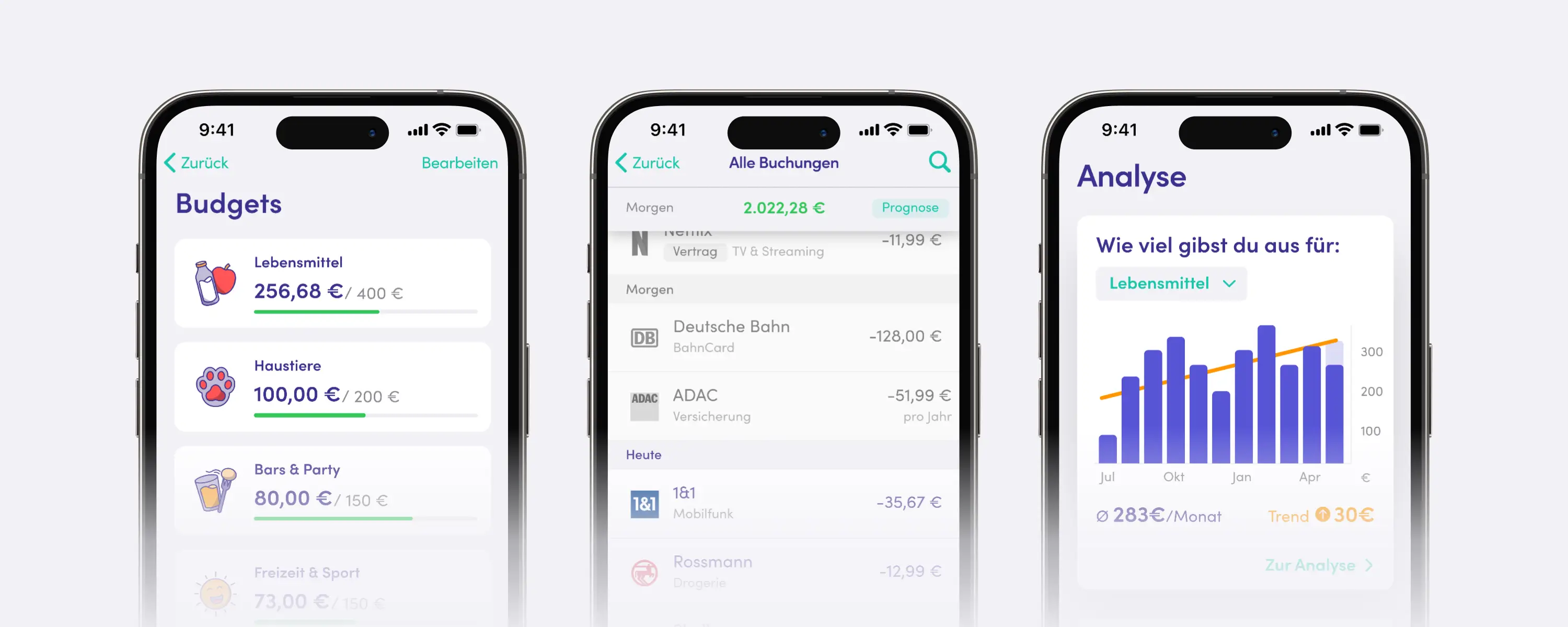 Screens der Finanzguru App, mit den Funktionen Budgets, Buchungen und Analysen