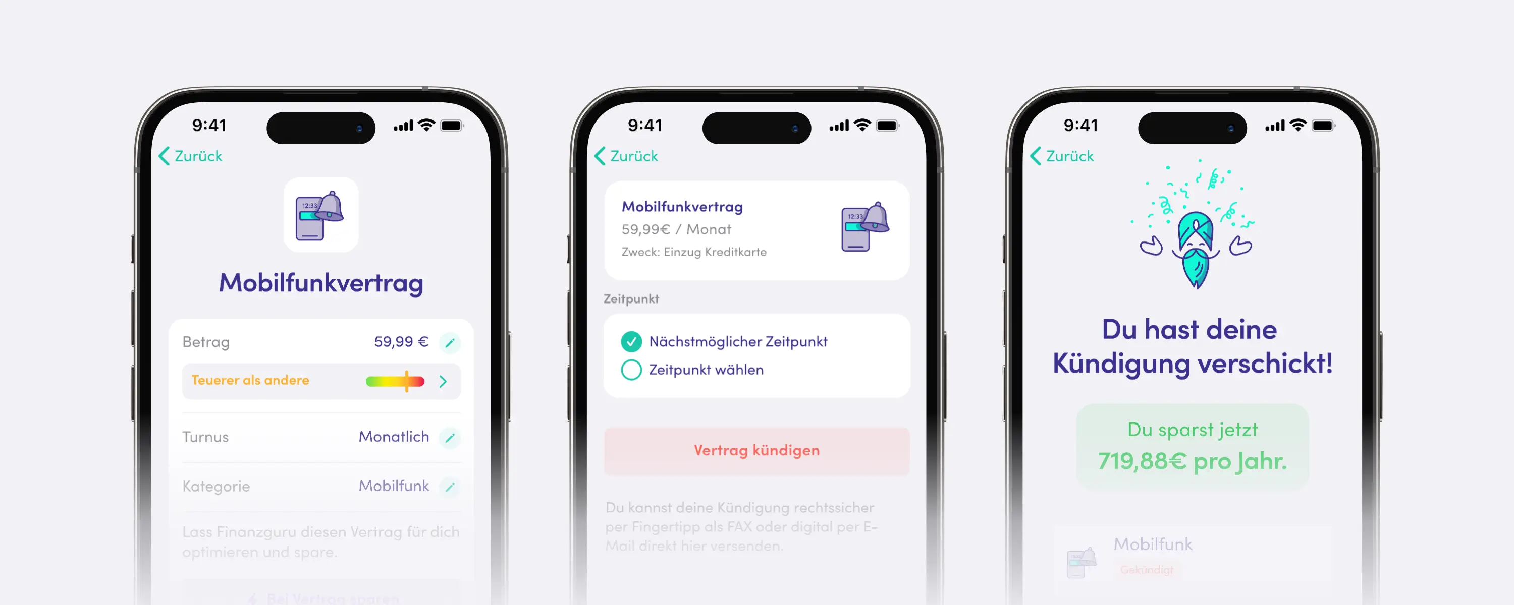 Dreiteilige Smartphone-Ansicht einer App zur Kündigung von Verträgen. Links: Anzeige eines Mobilfunkvertrags mit monatlichen Kosten und einer Markierung, ob der Vertrag teurer als andere ist. Mitte: Option, den Vertrag zum nächstmöglichen Zeitpunkt oder einem gewählten Zeitpunkt zu kündigen. Rechts: Bestätigung, dass die Kündigung verschickt wurde, und Anzeige der jährlichen Einsparung von 719,88 €. Die App erleichtert die Verwaltung und Kündigung von Verträgen, um Kosten zu sparen.